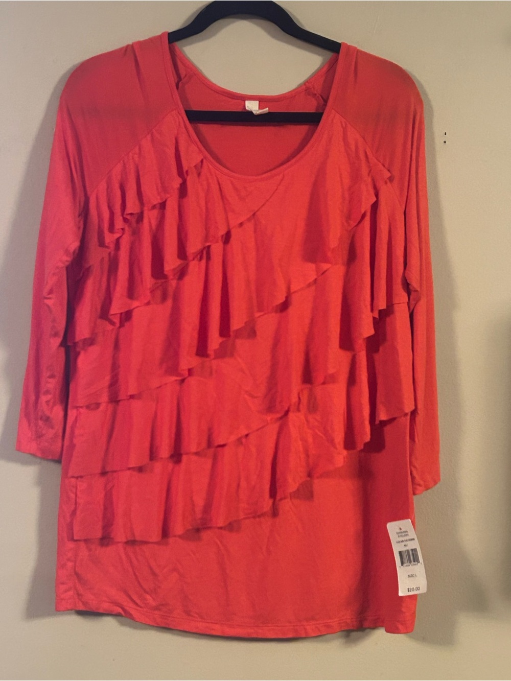 Ruffled Long Sleeve Scoop Neck Top in Coral
